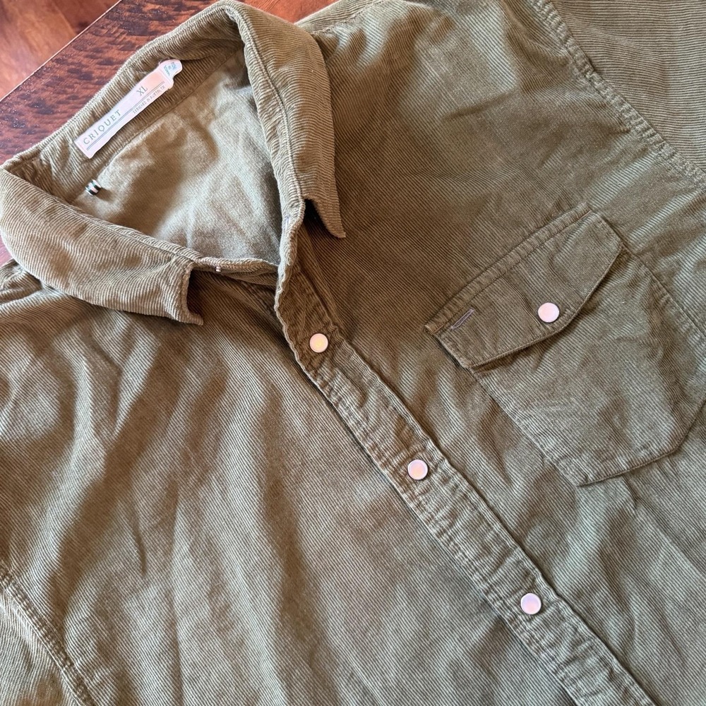 Criquet Shirt Mens XL Olive Green Solid Corduroy Long Sleeve Snap Front Casual